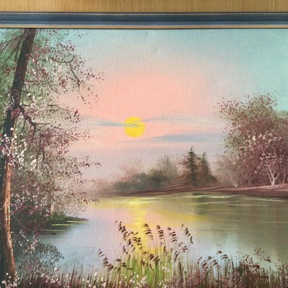 Original landscape painting on canvas lake side signed professionally framed - Picture 7 of 12